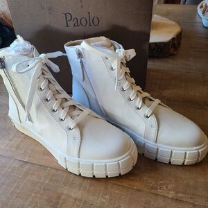 Linea Paolo Gio Sz 8.5 M White Combat Style High Top‎ Sneaker Leather Zipper
